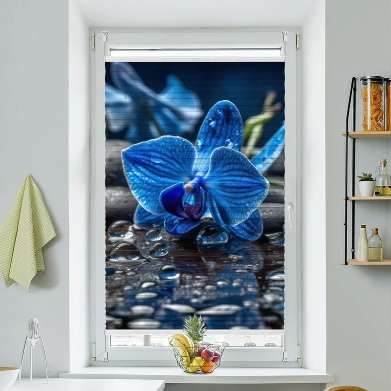 Plissee Motiv "Orchidee Blau Wasser Tropfen Steine"