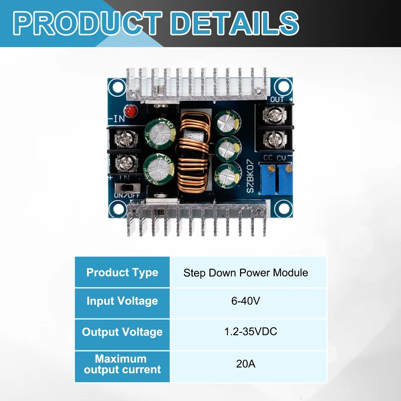2Pcs 20A 6-40V to 1.2-35VDC Step Down Power Module