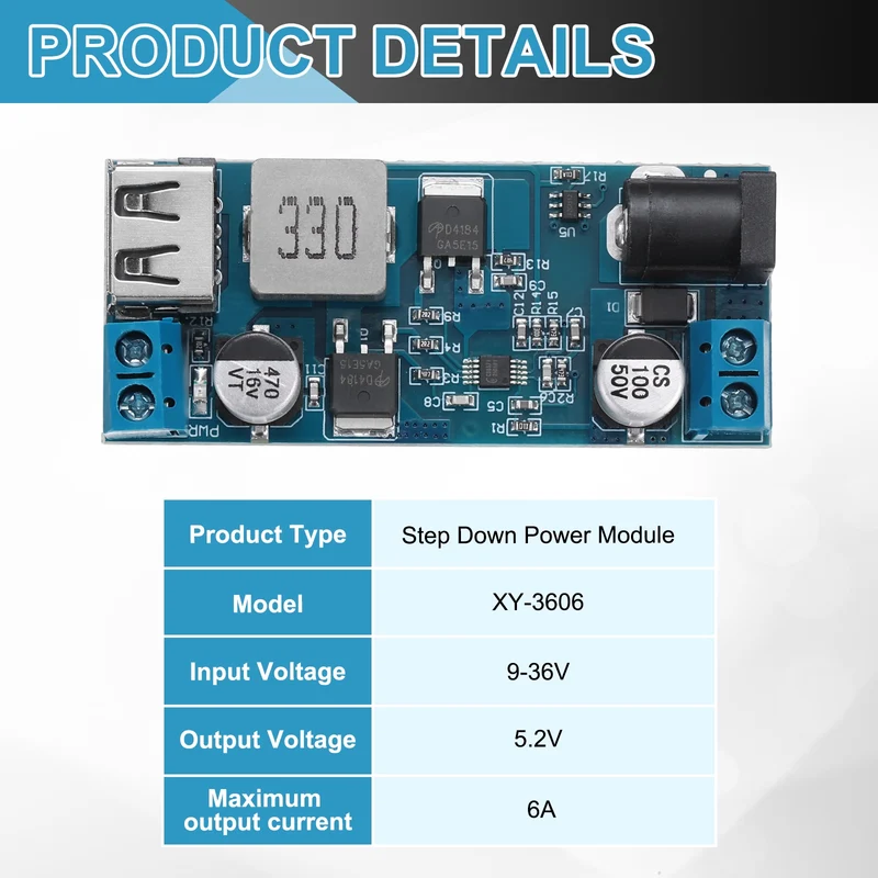 2Pcs XY-3606 9-36V to 5.2V 6A Step Down Power Module, Blue