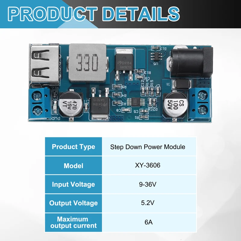 XY-3606 9-36V to 5.2V 6A Step Down Power Module, Blue