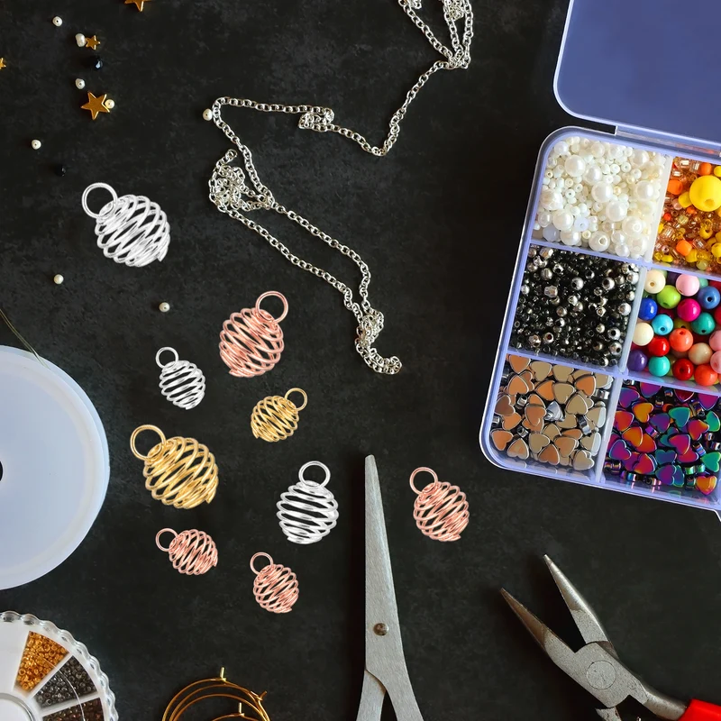 50Pcs Spiral Bead Cages Pendants, 25x20mm Stone Holder Necklace Hollow Cage Pendants for Jewelry Making Crafting, Gold Tone