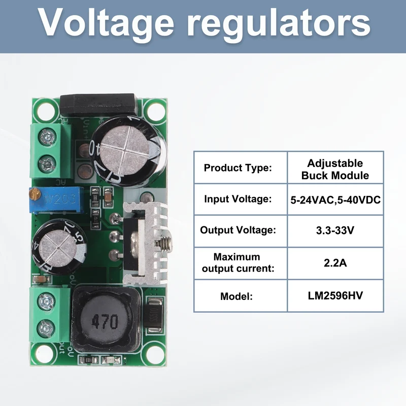 Buck Converter Adjustable Buck Module LM2596HV 5-24VAC & 5-40VDC to 3.3-33V 2.2A