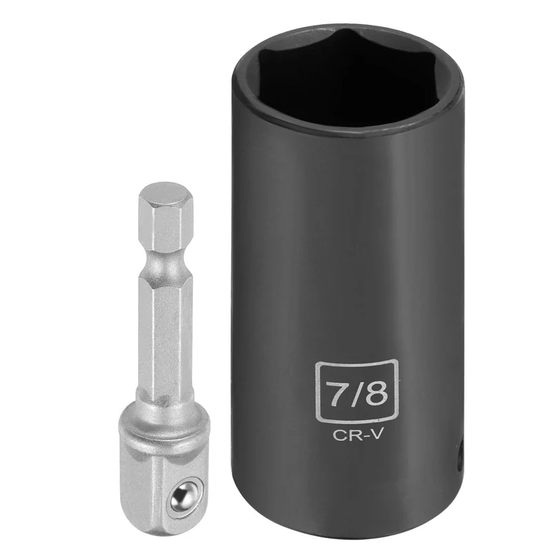 3/8" 6-Point Impact Socket, H7/8" Socket 70mm l with 1/4" Hex Shank Adapter