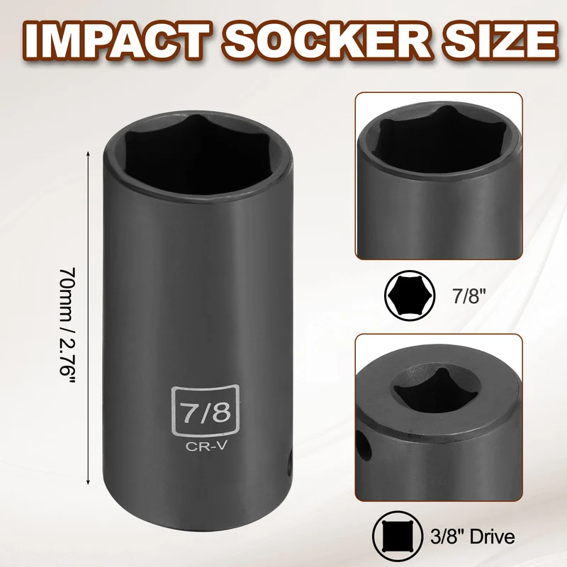 3/8" 6-Point Impact Socket, H7/8" Socket 70mm l with 1/4" Hex Shank Adapter