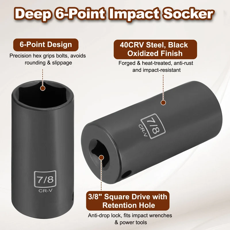 3/8" 6-Point Impact Socket, H7/8" Socket 70mm l with 1/4" Hex Shank Adapter