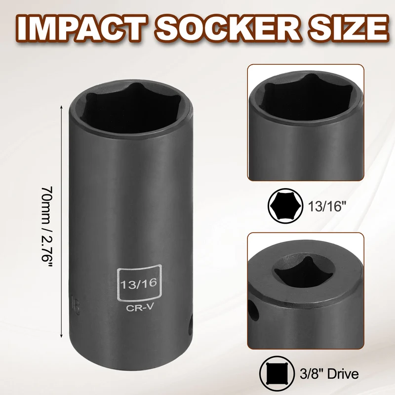 3/8" 6-Point Impact Socket, H13/16" Socket 70mm l with 1/4" Hex Shank Adapter