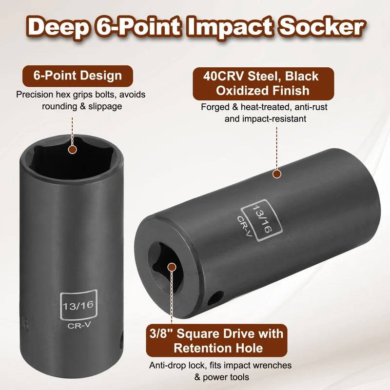 3/8" 6-Point Impact Socket, H13/16" Socket 70mm l with 1/4" Hex Shank Adapter