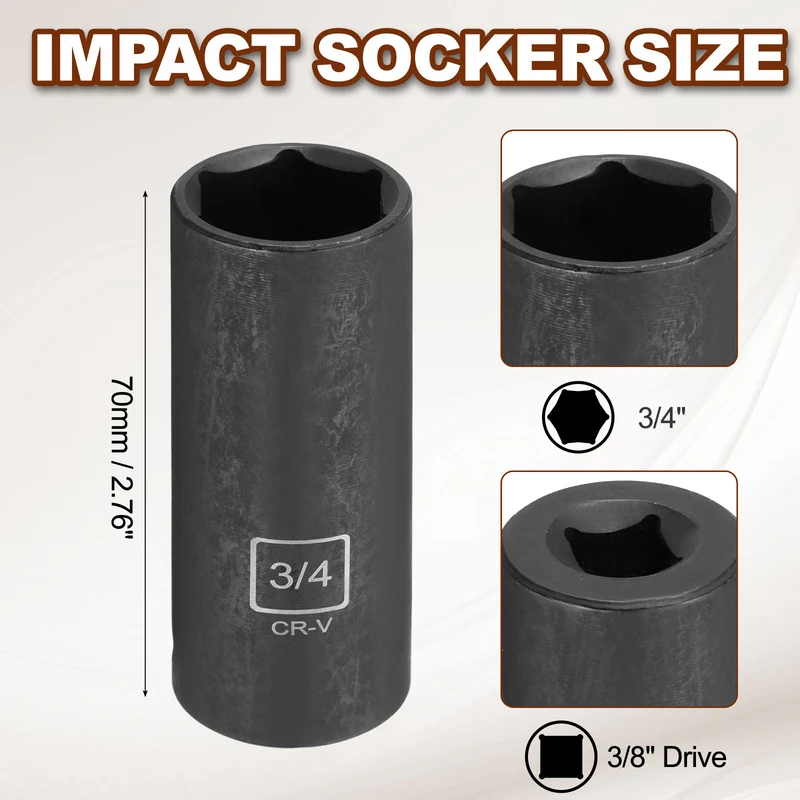 3/8" 6-Point Impact Socket, H3/4" Socket 70mm l with 1/4" Hex Shank Adapter