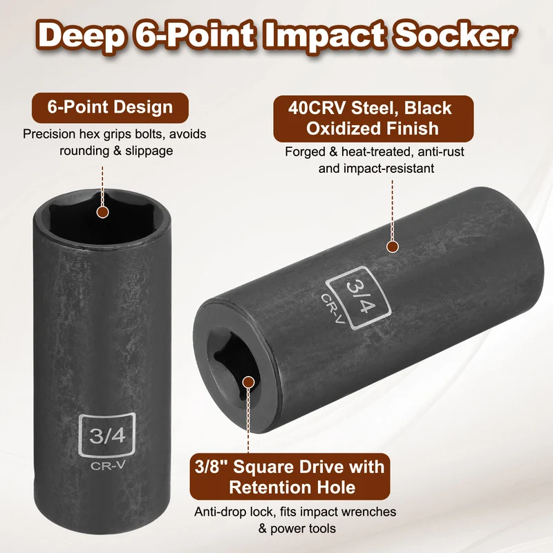 3/8" 6-Point Impact Socket, H3/4" Socket 70mm l with 1/4" Hex Shank Adapter