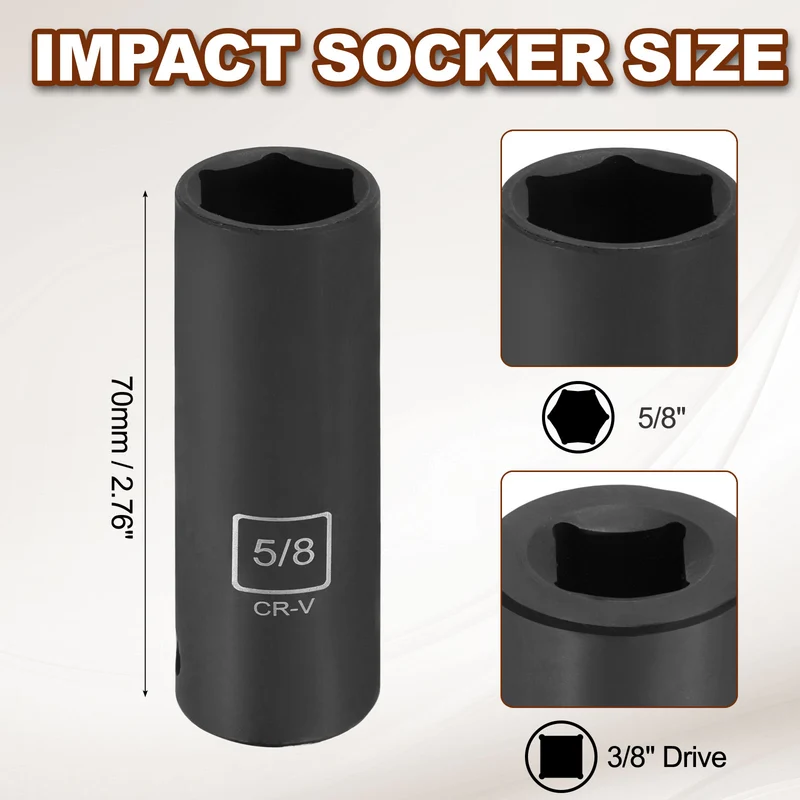 3/8" 6-Point Impact Socket, H5/8" Socket 70mm l with 1/4" Hex Shank Adapter