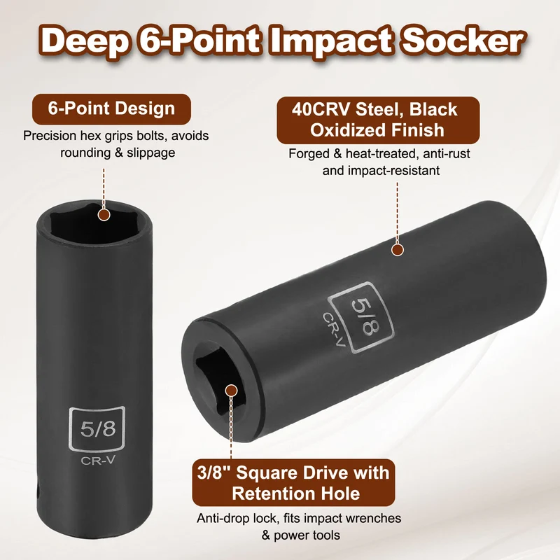 3/8" 6-Point Impact Socket, H5/8" Socket 70mm l with 1/4" Hex Shank Adapter