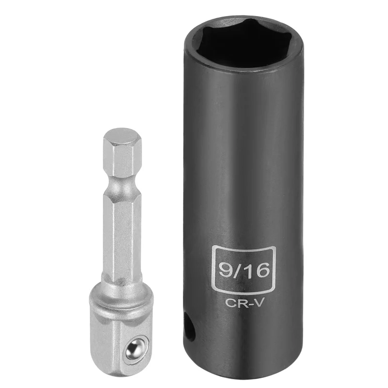 3/8" 6-Point Impact Socket, H9/16" Socket 70mm l with 1/4" Hex Shank Adapter