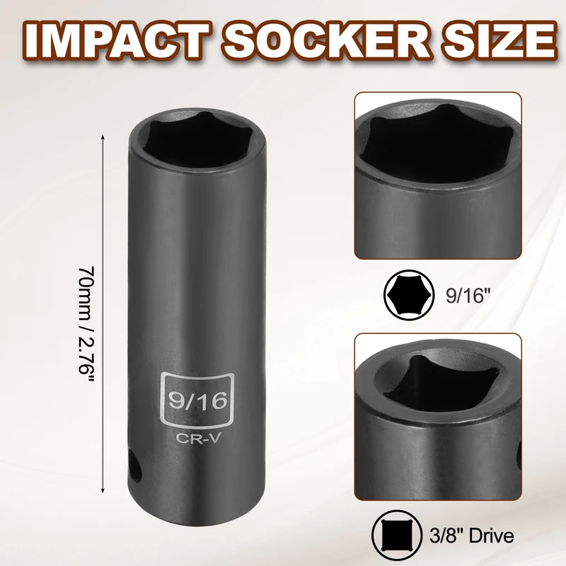 3/8" 6-Point Impact Socket, H9/16" Socket 70mm l with 1/4" Hex Shank Adapter
