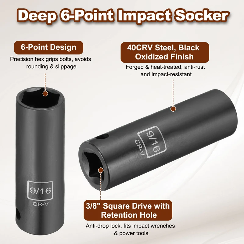 3/8" 6-Point Impact Socket, H9/16" Socket 70mm l with 1/4" Hex Shank Adapter