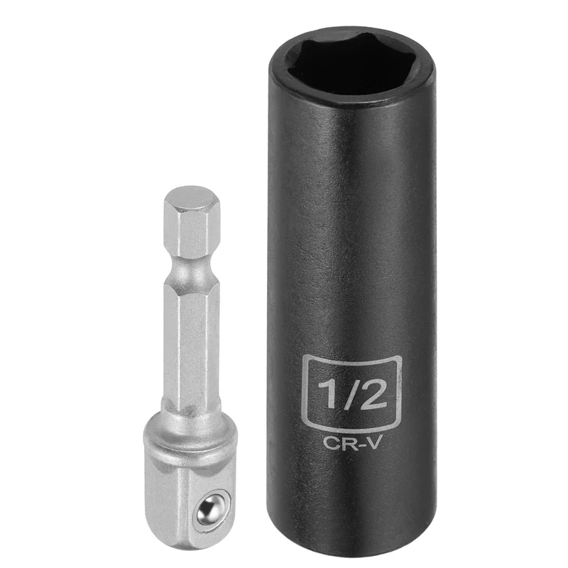 3/8" 6-Point Impact Socket, H1/2" Socket 70mm l with 1/4" Hex Shank Adapter