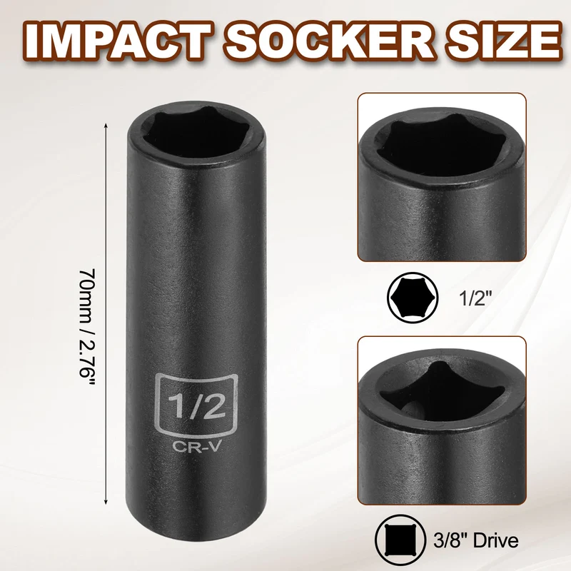 3/8" 6-Point Impact Socket, H1/2" Socket 70mm l with 1/4" Hex Shank Adapter