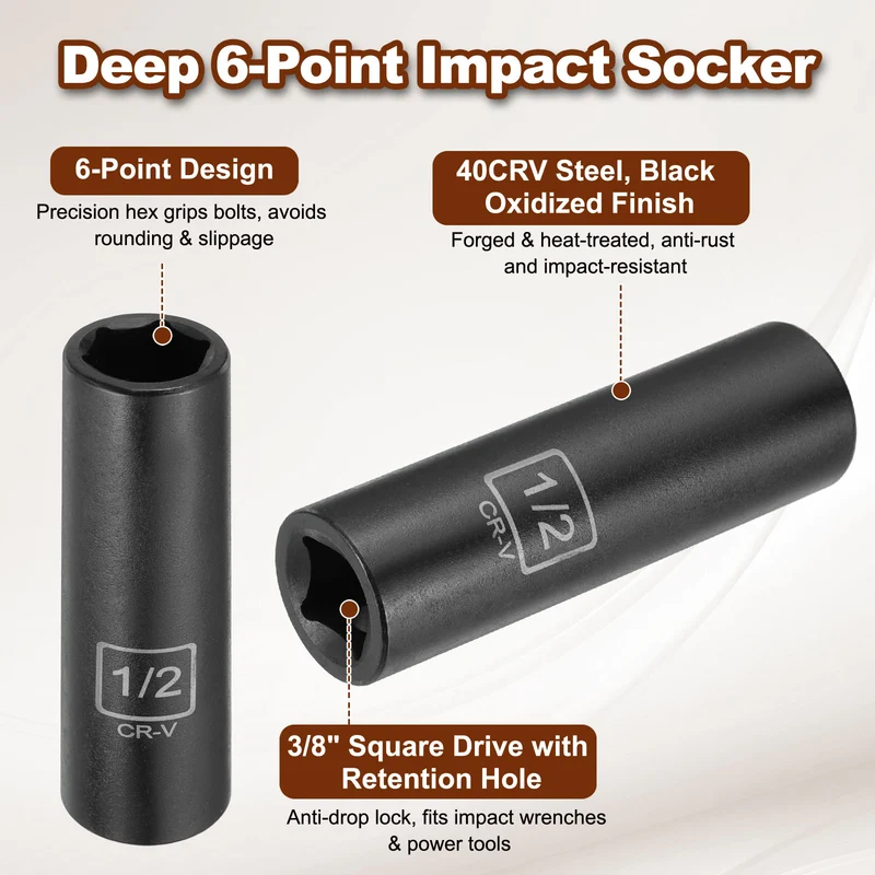 3/8" 6-Point Impact Socket, H1/2" Socket 70mm l with 1/4" Hex Shank Adapter
