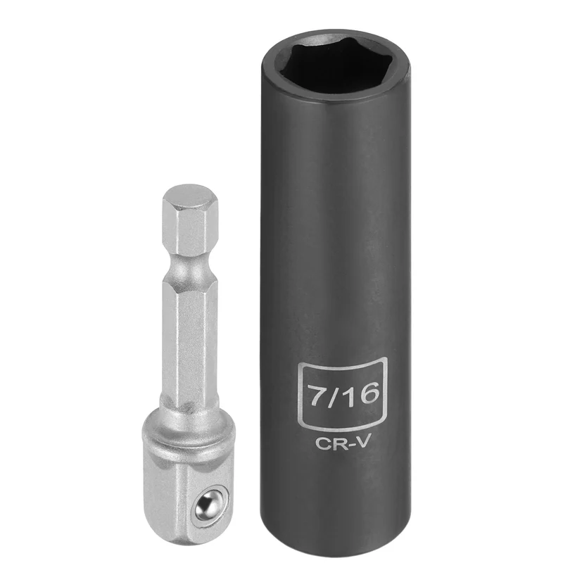 3/8" 6-Point Impact Socket, H7/16" Socket 70mm l with 1/4" Hex Shank Adapter