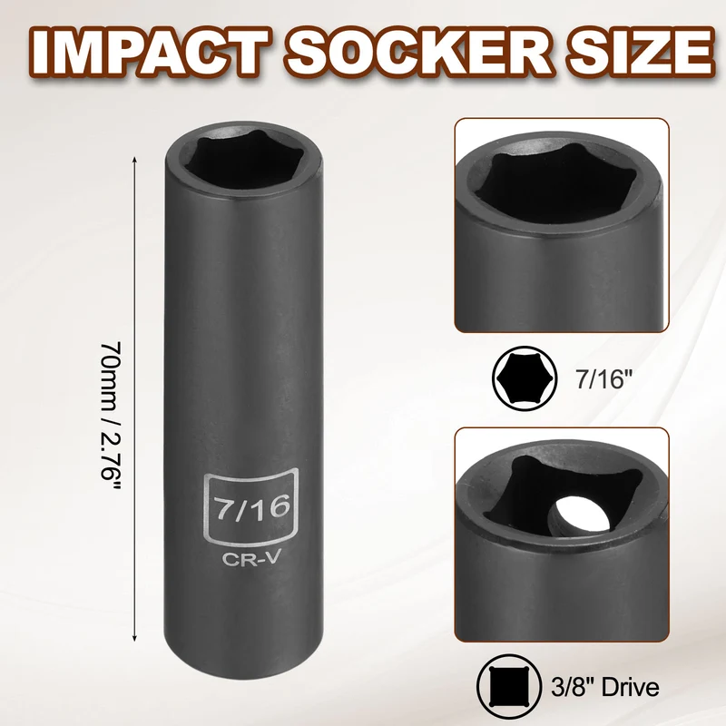 3/8" 6-Point Impact Socket, H7/16" Socket 70mm l with 1/4" Hex Shank Adapter
