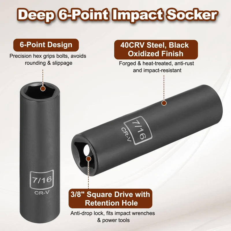 3/8" 6-Point Impact Socket, H7/16" Socket 70mm l with 1/4" Hex Shank Adapter