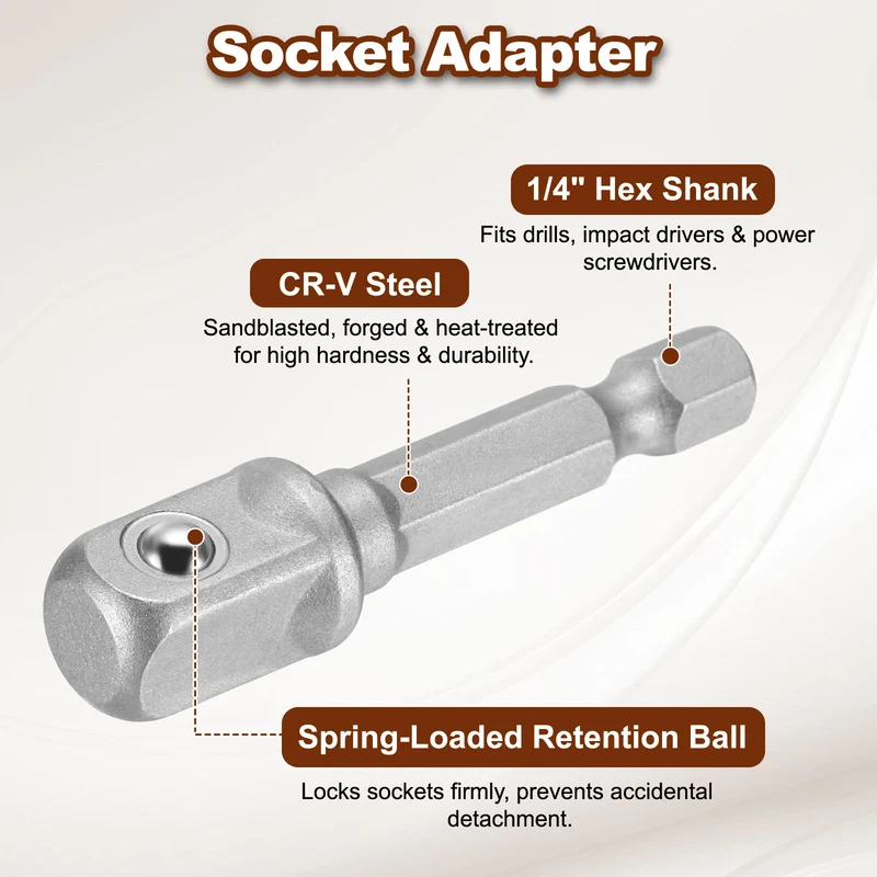 3/8" 6-Point Impact Socket, H7/16" Socket 70mm l with 1/4" Hex Shank Adapter
