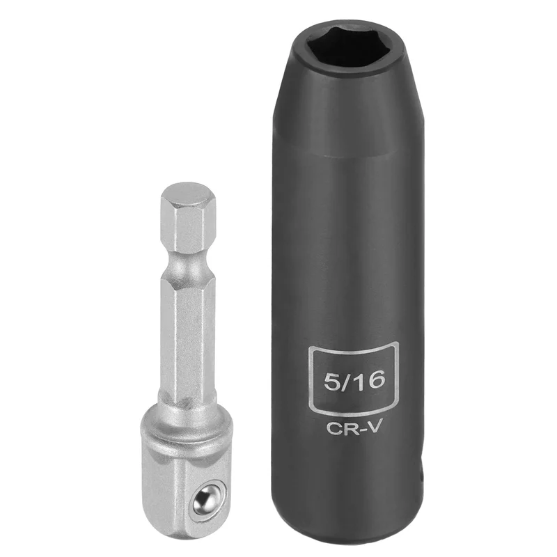 3/8" 6-Point Impact Socket, H5/16" Socket 70mm l with 1/4" Hex Shank Adapter