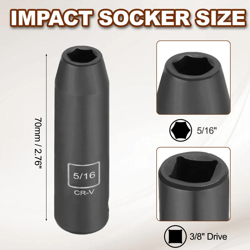3/8" 6-Point Impact Socket, H5/16" Socket 70mm l with 1/4" Hex Shank Adapter