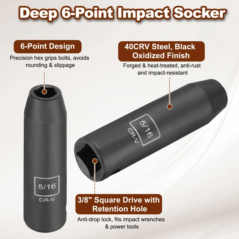 3/8" 6-Point Impact Socket, H5/16" Socket 70mm l with 1/4" Hex Shank Adapter