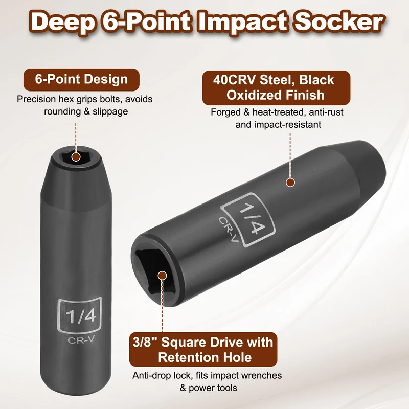3/8" 6-Point Impact Socket, H1/4" Socket 70mm l with 1/4" Hex Shank Adapter