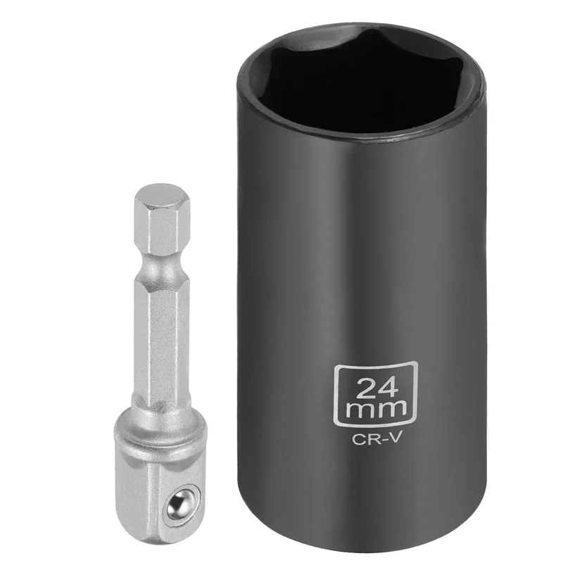 3/8" 6-Point Impact Socket, 24mm Socket 70mm l with 1/4" Hex Shank Adapter