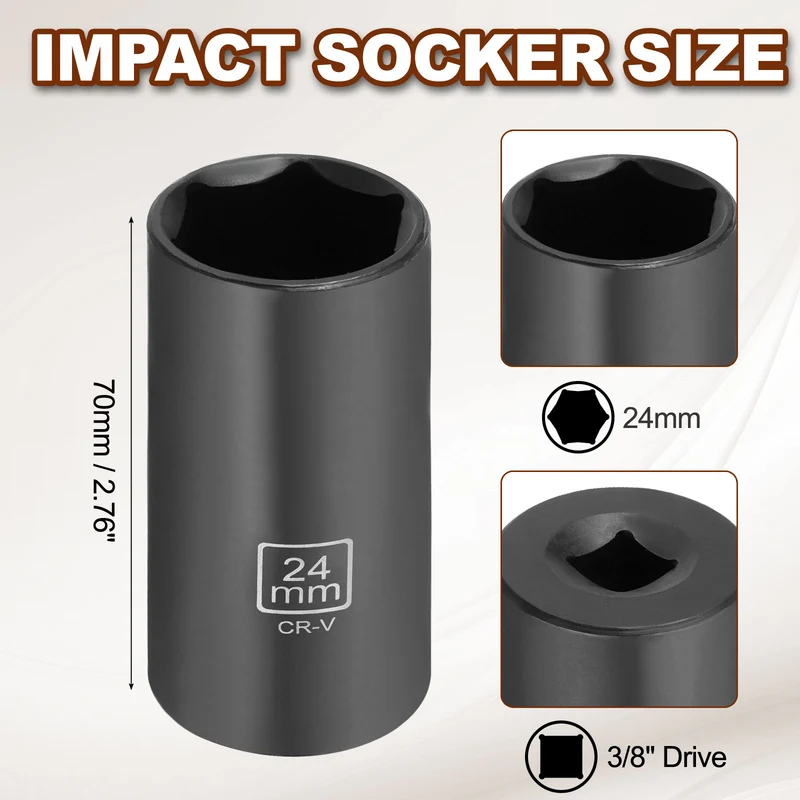 3/8" 6-Point Impact Socket, 24mm Socket 70mm l with 1/4" Hex Shank Adapter