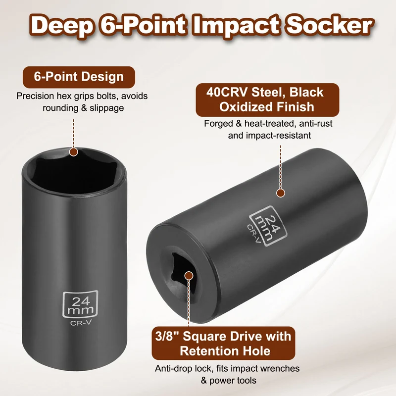 3/8" 6-Point Impact Socket, 24mm Socket 70mm l with 1/4" Hex Shank Adapter