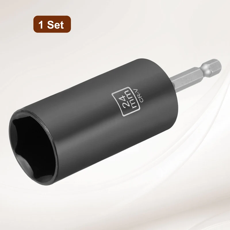 3/8" 6-Point Impact Socket, 24mm Socket 70mm l with 1/4" Hex Shank Adapter