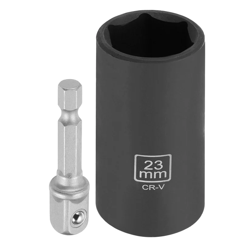 3/8" 6-Point Impact Socket, 23mm Socket 70mm l with 1/4" Hex Shank Adapter