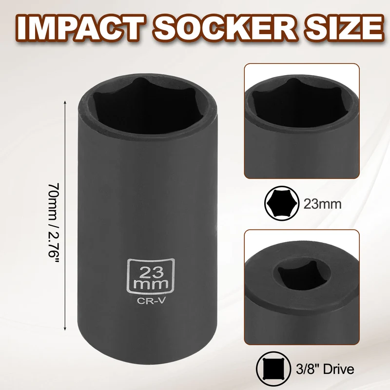 3/8" 6-Point Impact Socket, 23mm Socket 70mm l with 1/4" Hex Shank Adapter