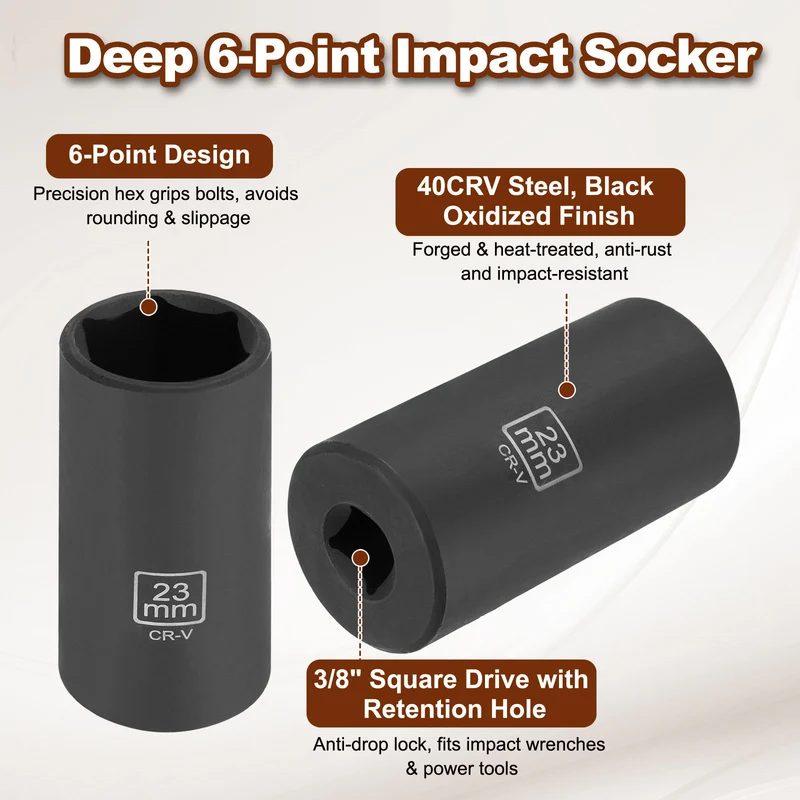 3/8" 6-Point Impact Socket, 23mm Socket 70mm l with 1/4" Hex Shank Adapter