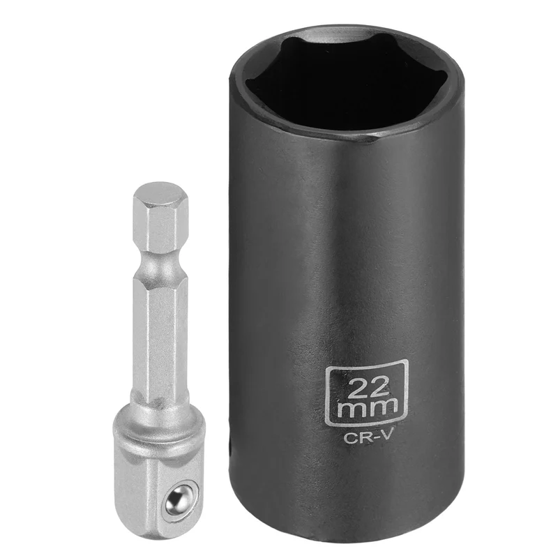 3/8" 6-Point Impact Socket, 22mm Socket 70mm l with 1/4" Hex Shank Adapter