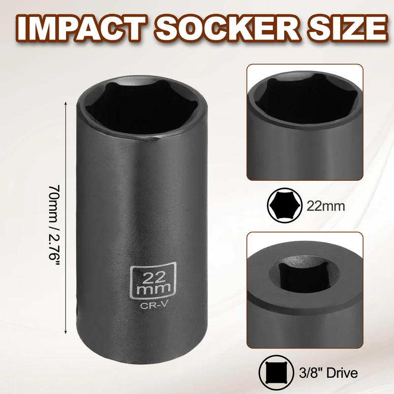 3/8" 6-Point Impact Socket, 22mm Socket 70mm l with 1/4" Hex Shank Adapter