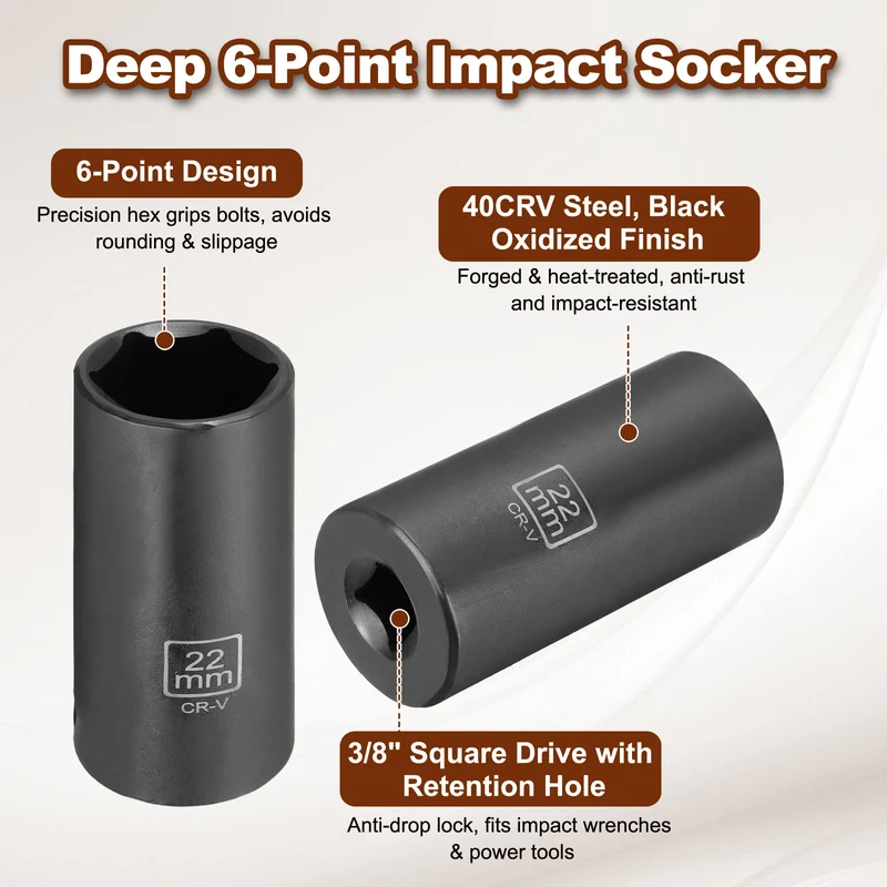 3/8" 6-Point Impact Socket, 22mm Socket 70mm l with 1/4" Hex Shank Adapter