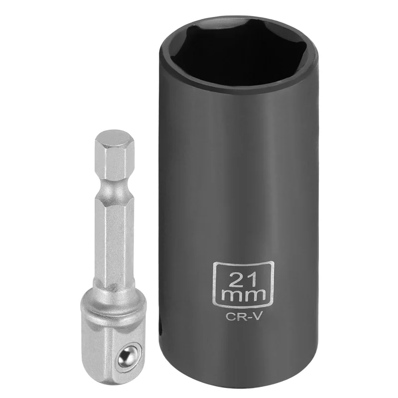 3/8" 6-Point Impact Socket, 21mm Socket 70mm l with 1/4" Hex Shank Adapter