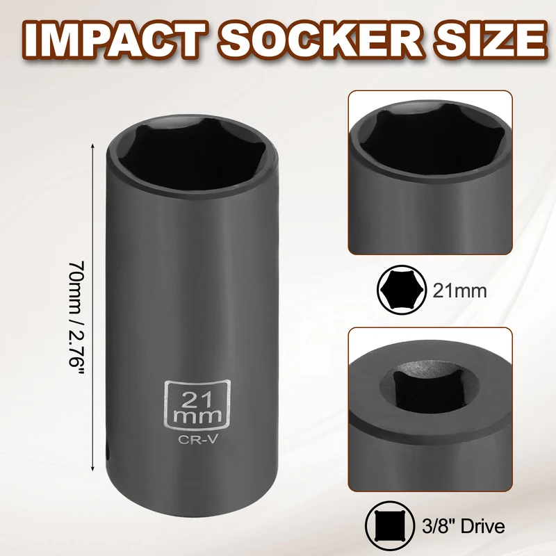 3/8" 6-Point Impact Socket, 21mm Socket 70mm l with 1/4" Hex Shank Adapter