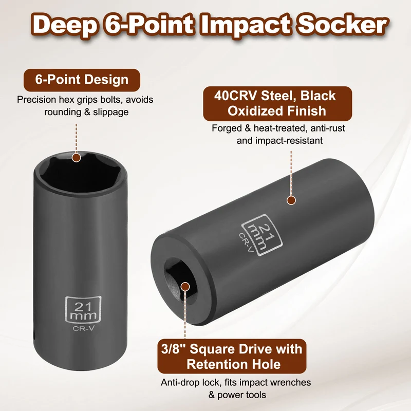 3/8" 6-Point Impact Socket, 21mm Socket 70mm l with 1/4" Hex Shank Adapter