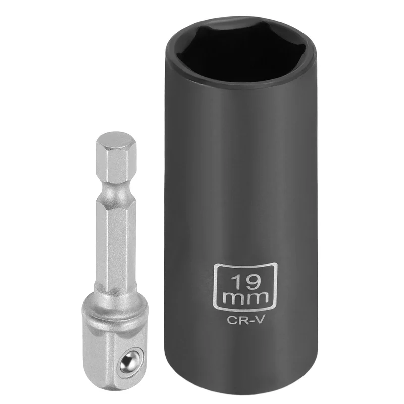 3/8" 6-Point Impact Socket, 19mm Socket 70mm l with 1/4" Hex Shank Adapter