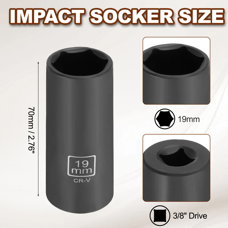 3/8" 6-Point Impact Socket, 19mm Socket 70mm l with 1/4" Hex Shank Adapter