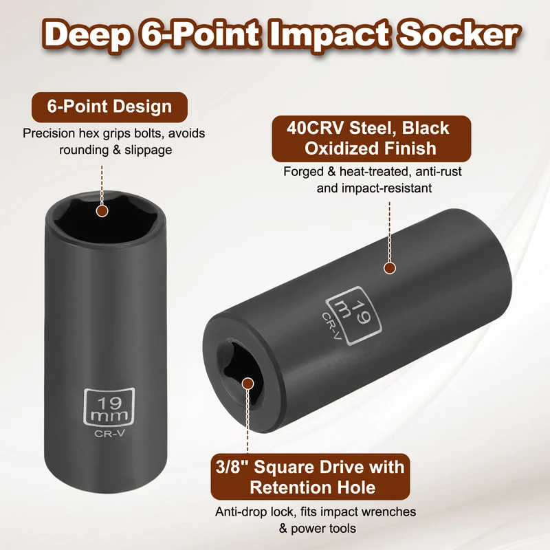 3/8" 6-Point Impact Socket, 19mm Socket 70mm l with 1/4" Hex Shank Adapter