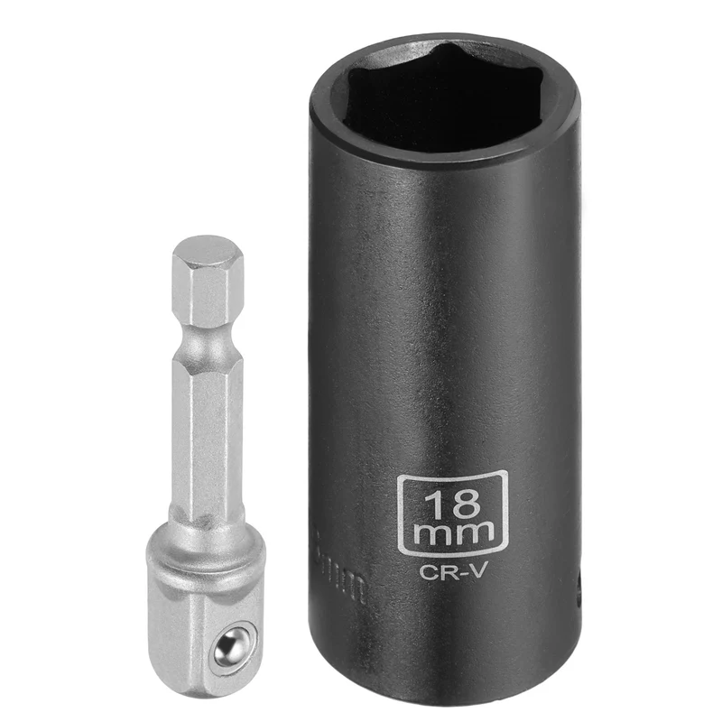 3/8" 6-Point Impact Socket, 18mm Socket 70mm l with 1/4" Hex Shank Adapter