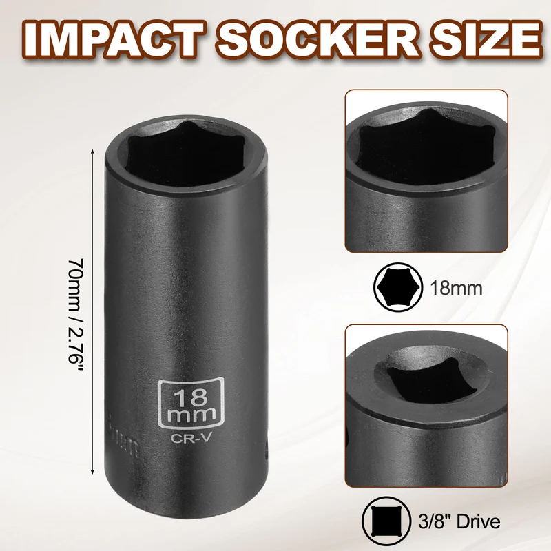 3/8" 6-Point Impact Socket, 18mm Socket 70mm l with 1/4" Hex Shank Adapter