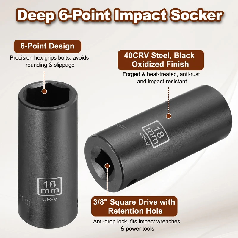3/8" 6-Point Impact Socket, 18mm Socket 70mm l with 1/4" Hex Shank Adapter