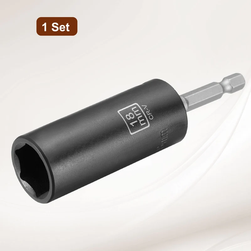 3/8" 6-Point Impact Socket, 18mm Socket 70mm l with 1/4" Hex Shank Adapter