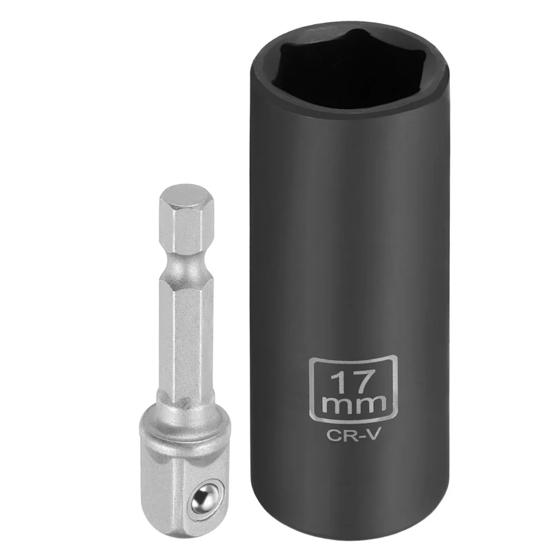 3/8" 6-Point Impact Socket, 17mm Socket 70mm l with 1/4" Hex Shank Adapter